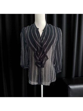 WHITE HOUSE BLACK MARKET WHBM Black White Striped Sheer Ruffle Blouse Size S